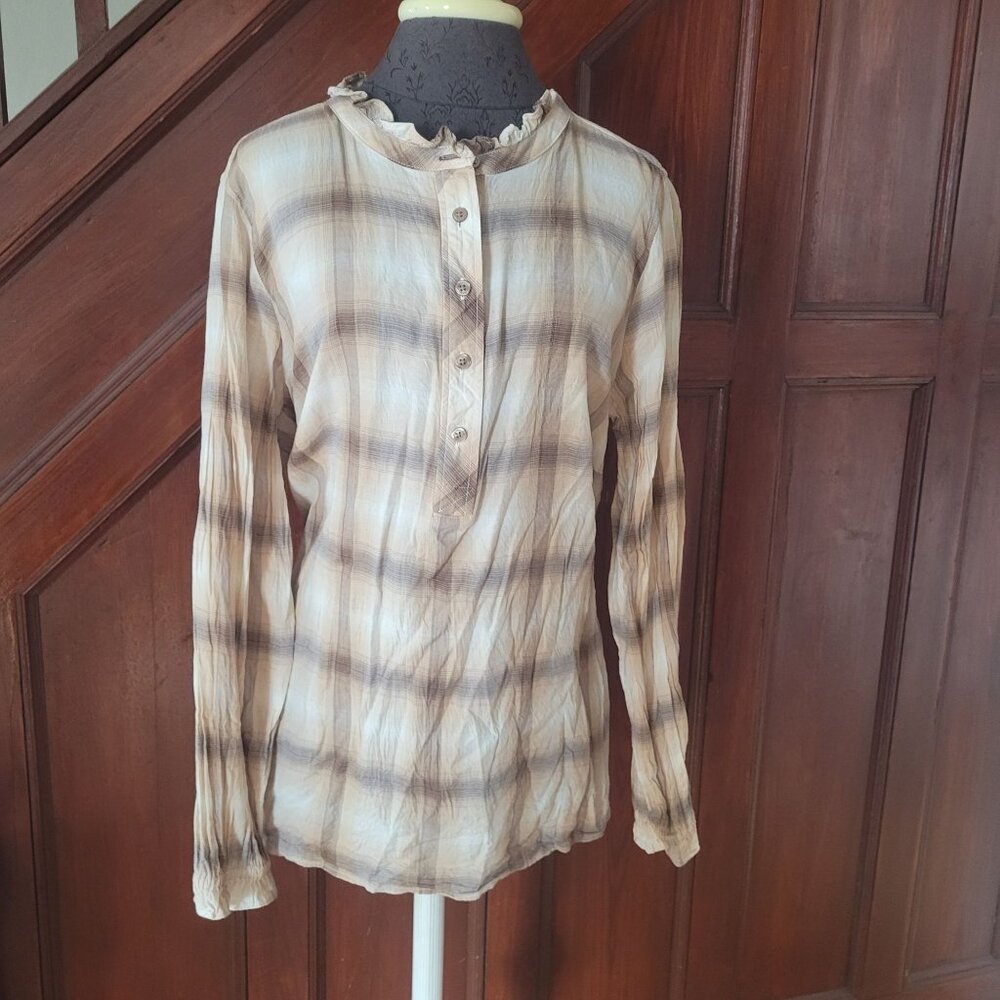 Talbots Plus 1X Beige Plaid Button Front Top Womens Long Sleeve Lightweight Blou